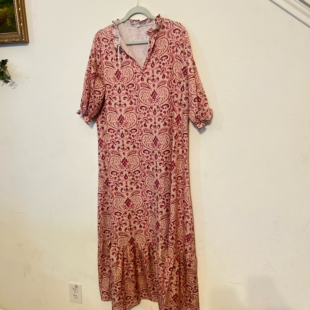 Floral Print 3/4 Ruffle Sleeve Dress Sexy V Neck A Line Long  Flowy